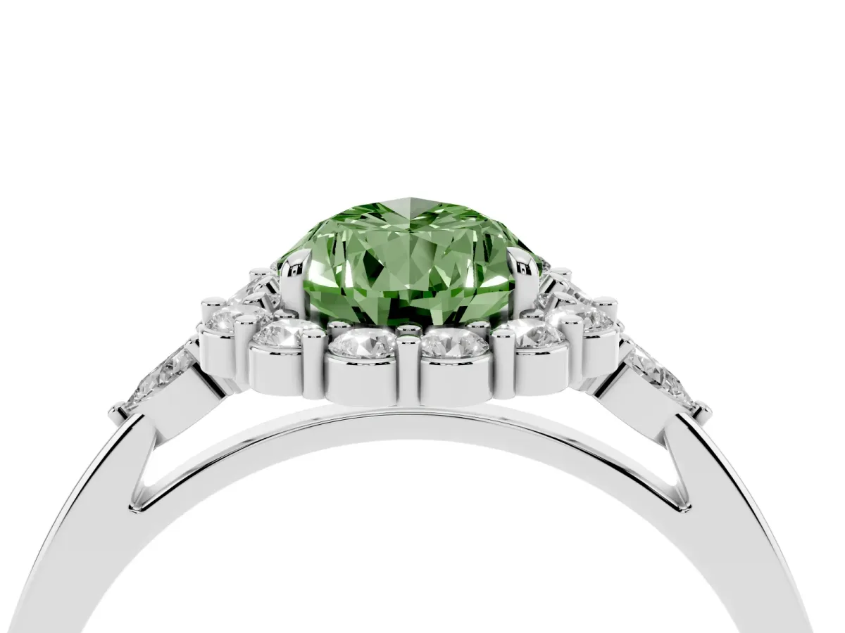 Fancy Green Pear Cut Diamond Halo Ring with Pear Side Stones and Prong Setting Silver