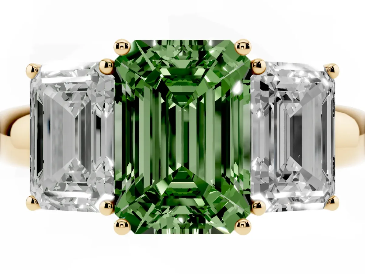 Fancy Green Emerald Cut Diamond Three-Stone Ring with Four-Prong Setting and Classic Band Yellow gold