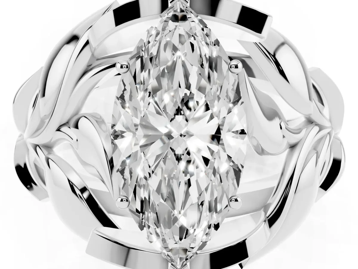 Marquise Cut Diamond Leaf-Inspired Engagement Ring with Round Accents and Prong Setting Platinum