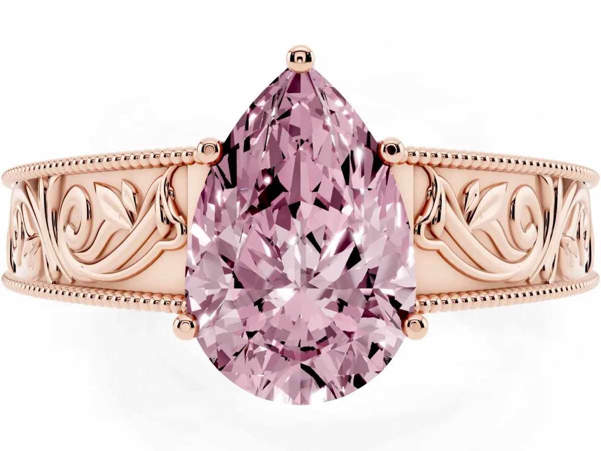Fancy Pink Pear Cut Diamond Solitaire Ring with Engraved Band and Four-Prong Setting Rose gold