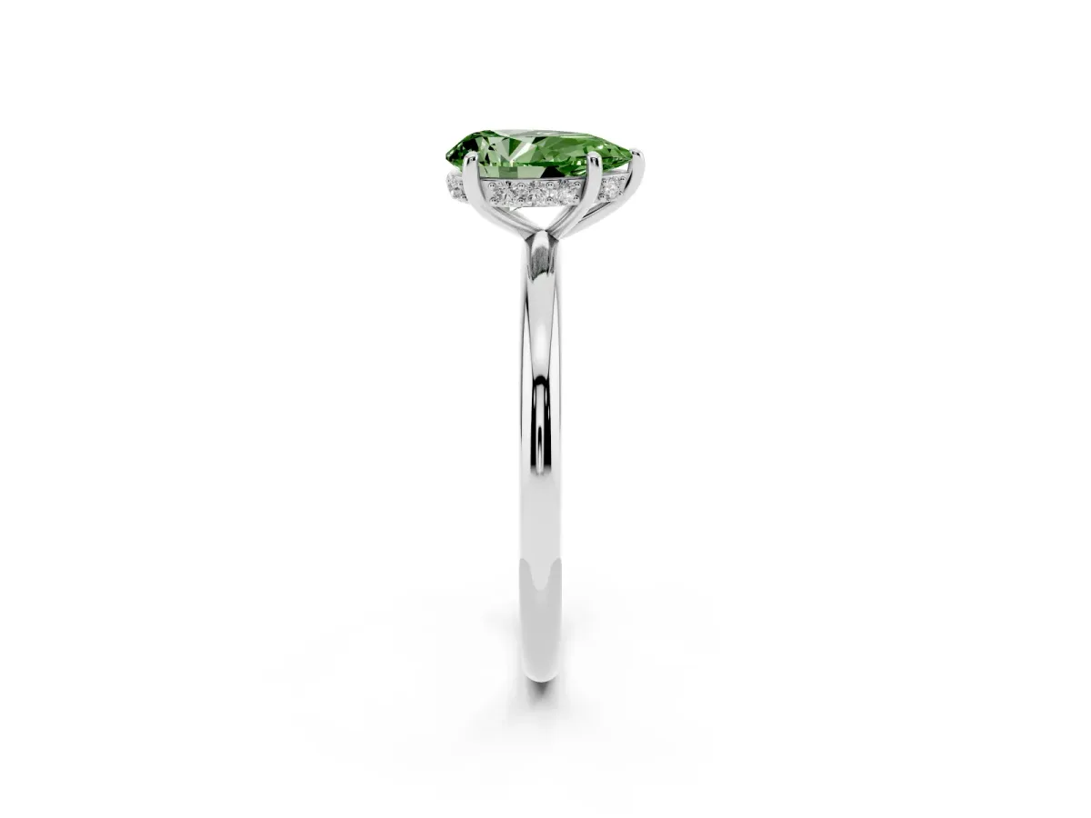 Fancy Green Pear Cut Solitaire Diamond Ring with a Classic Band and Four-Prong Setting Silver