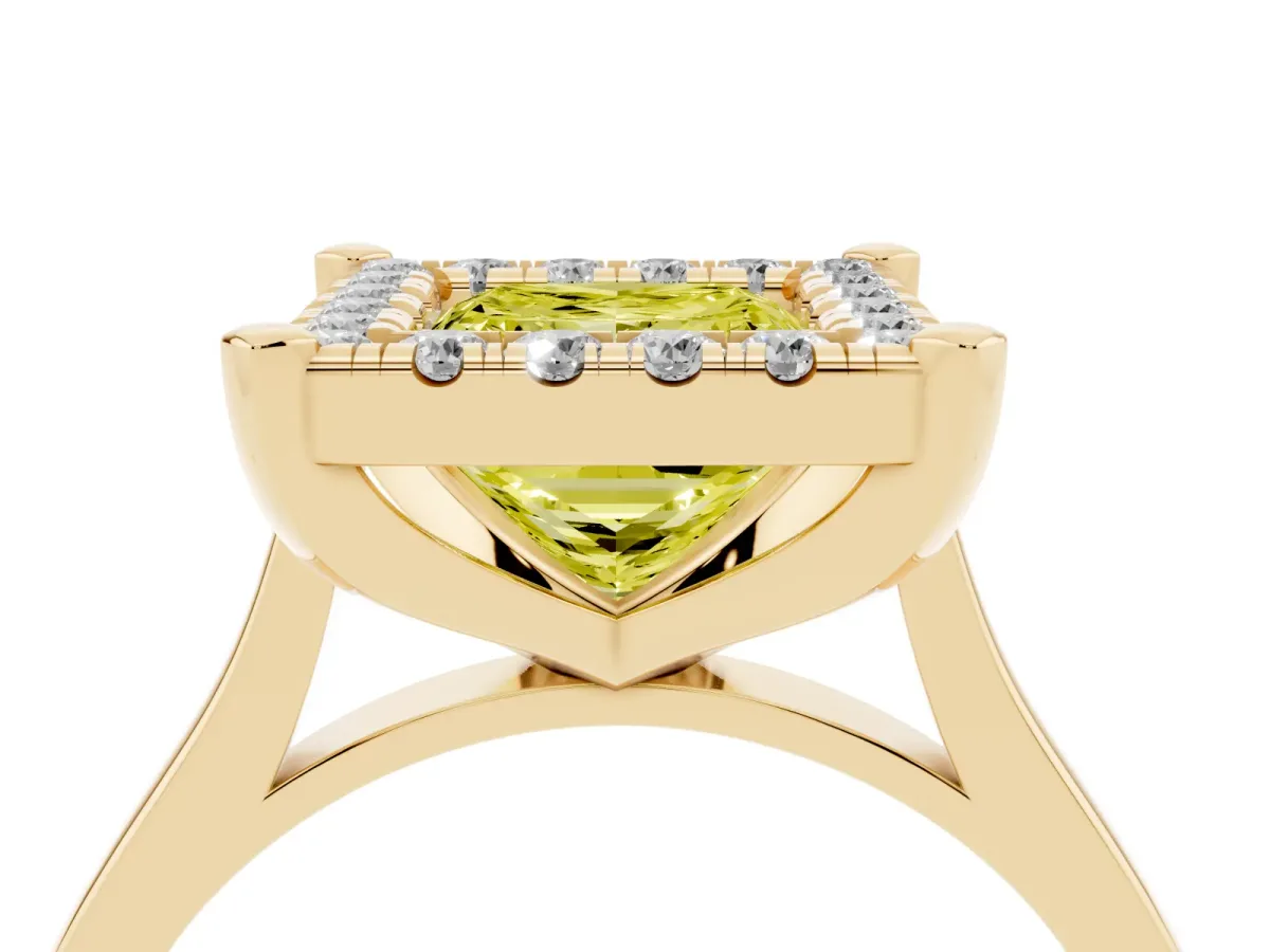 Fancy Yellow Princess Cut Diamond Cluster Halo Solitaire with Four-Prong Setting Yellow gold