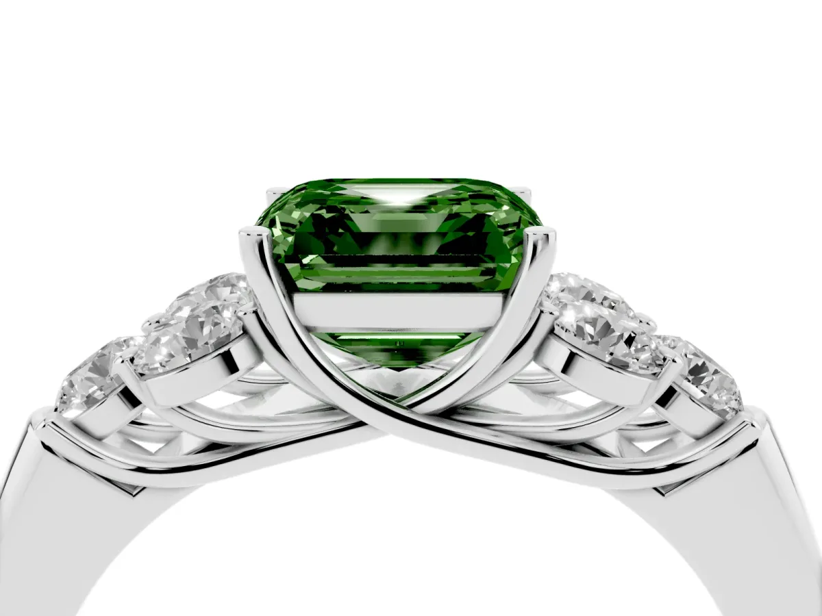 Fancy Green Asscher Cut Cut Diamond Cluster Ring with Round Accent Stones and Prong Setting on a Classic Band Silver