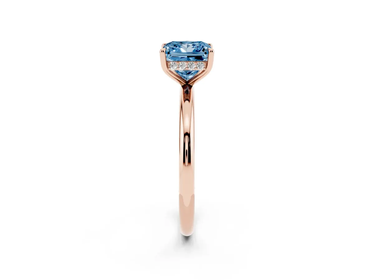 Fancy Blue Princess Cut Diamond Solitaire Ring with Thin Band and Four-Prong Setting Rose gold