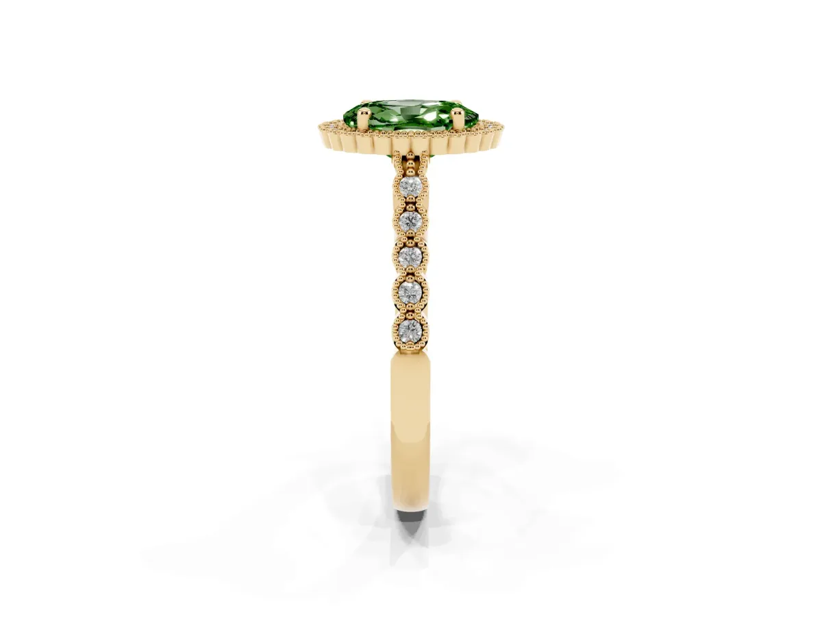 Fancy Green Oval Cut Cut Halo Pavé Solitaire Ring with Milgrain Band Yellow gold