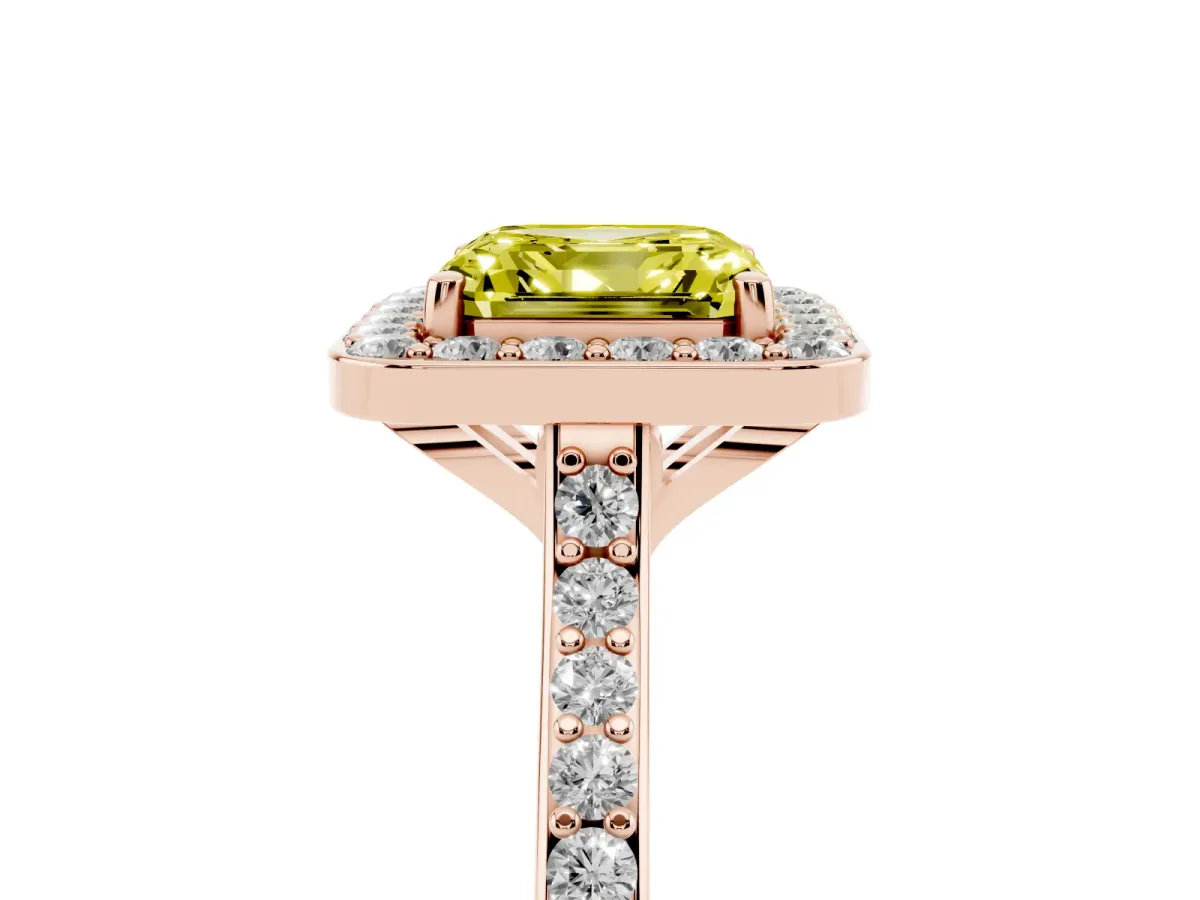 Fancy Yellow Asscher Cut Diamond Halo Engagement Ring with Round Pavé Shoulders and Prong Setting Rose gold