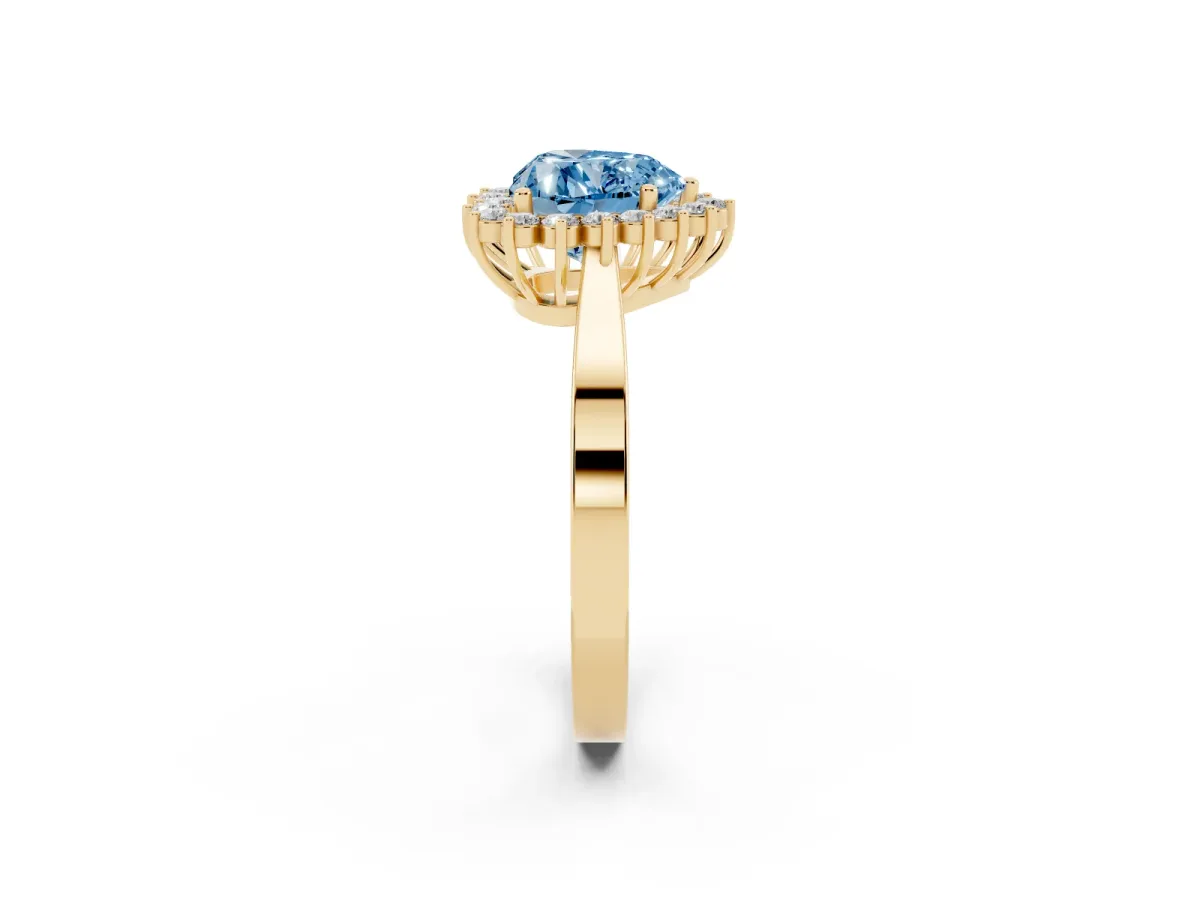 Fancy Blue Heart Cut Cut Diamond Halo Ring with Round Brilliant Halo and Solitaire Band Yellow gold