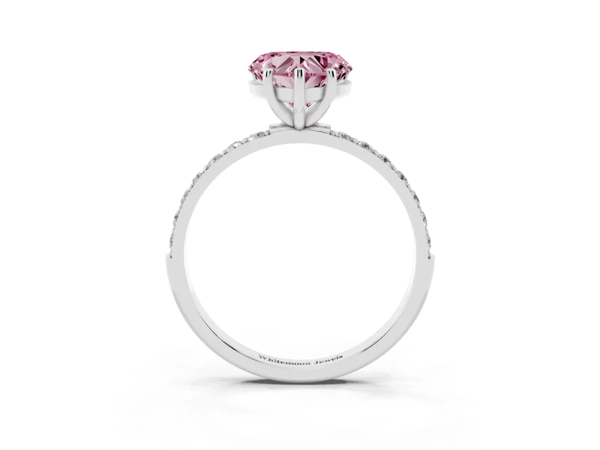 Fancy Pink Heart Cut Diamond Solitaire Ring with Round Pavé Shoulders and Prong Setting Silver