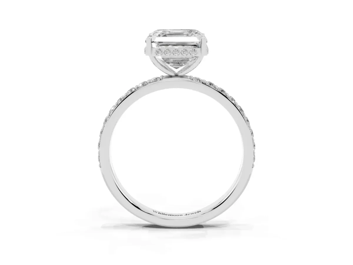 Asscher Cut Diamond Solitaire Ring with Pavé Band and Hidden Halo White gold
