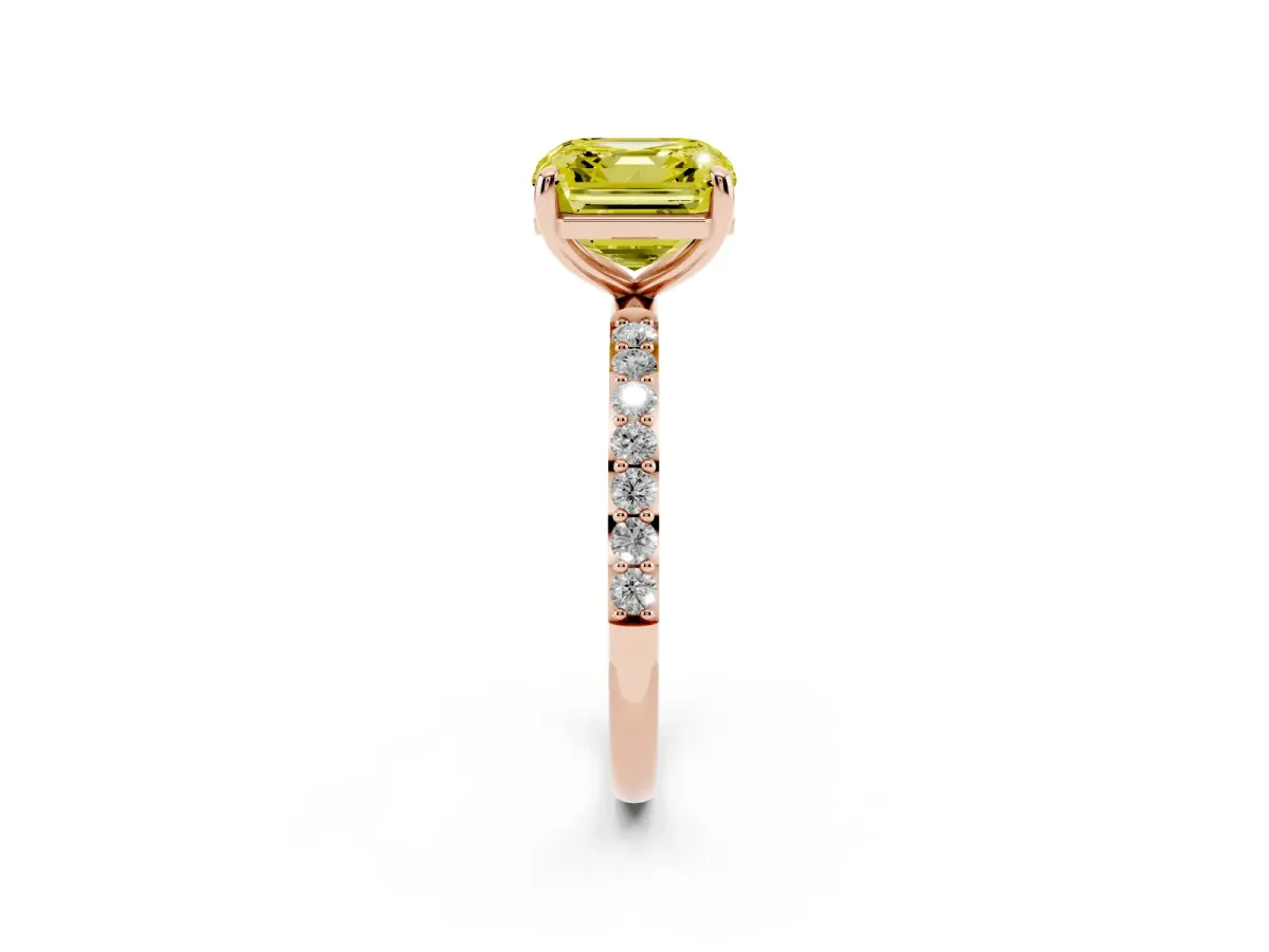Fancy Yellow Asscher Cut Diamond Solitaire Ring with Round Pavé Band and Prong Setting Rose gold