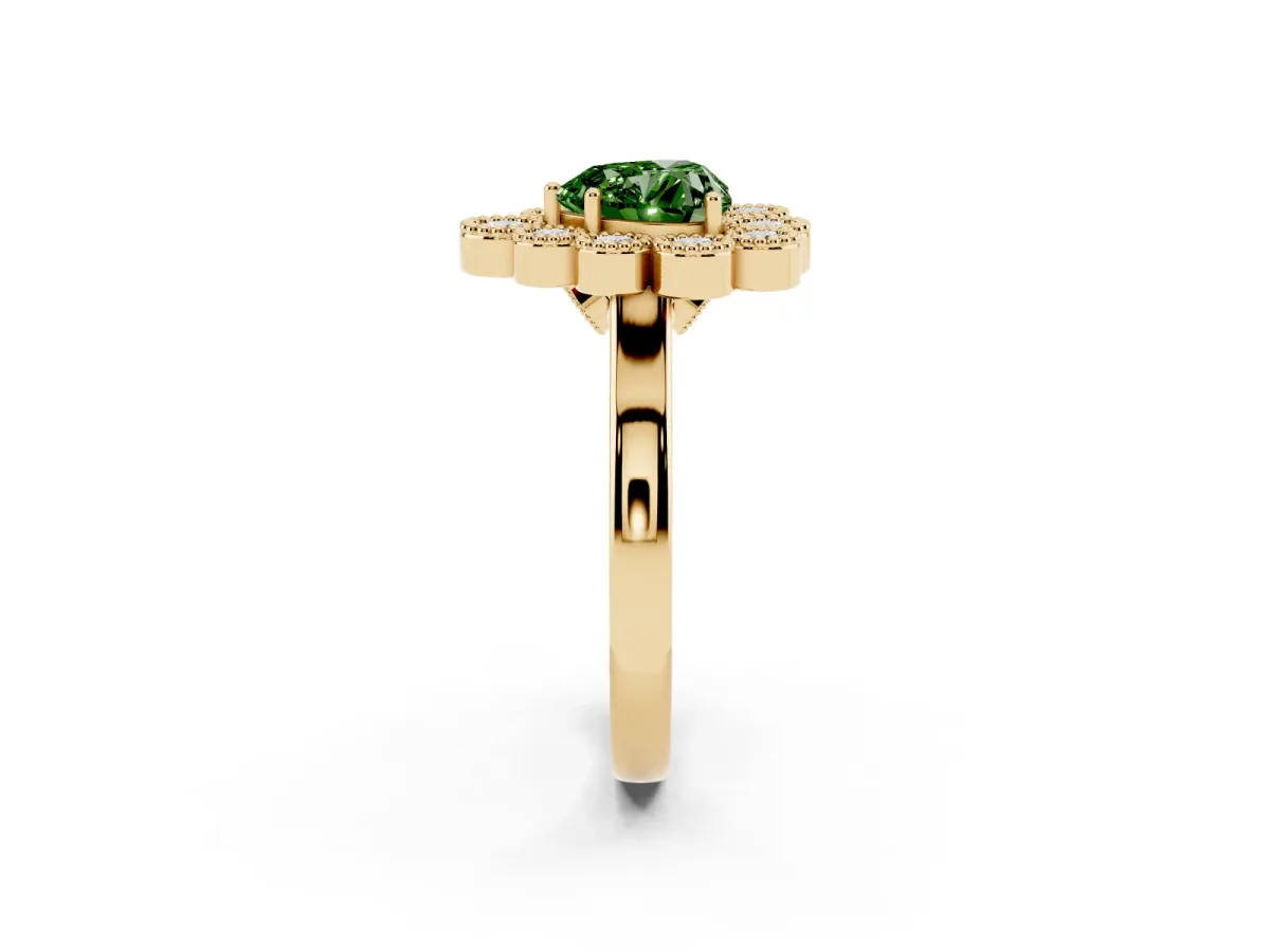 Fancy Green Heart Cut Halo Diamond Cluster Engagement Ring with Milgrain Bezel Setting and Solitaire Band Yellow gold