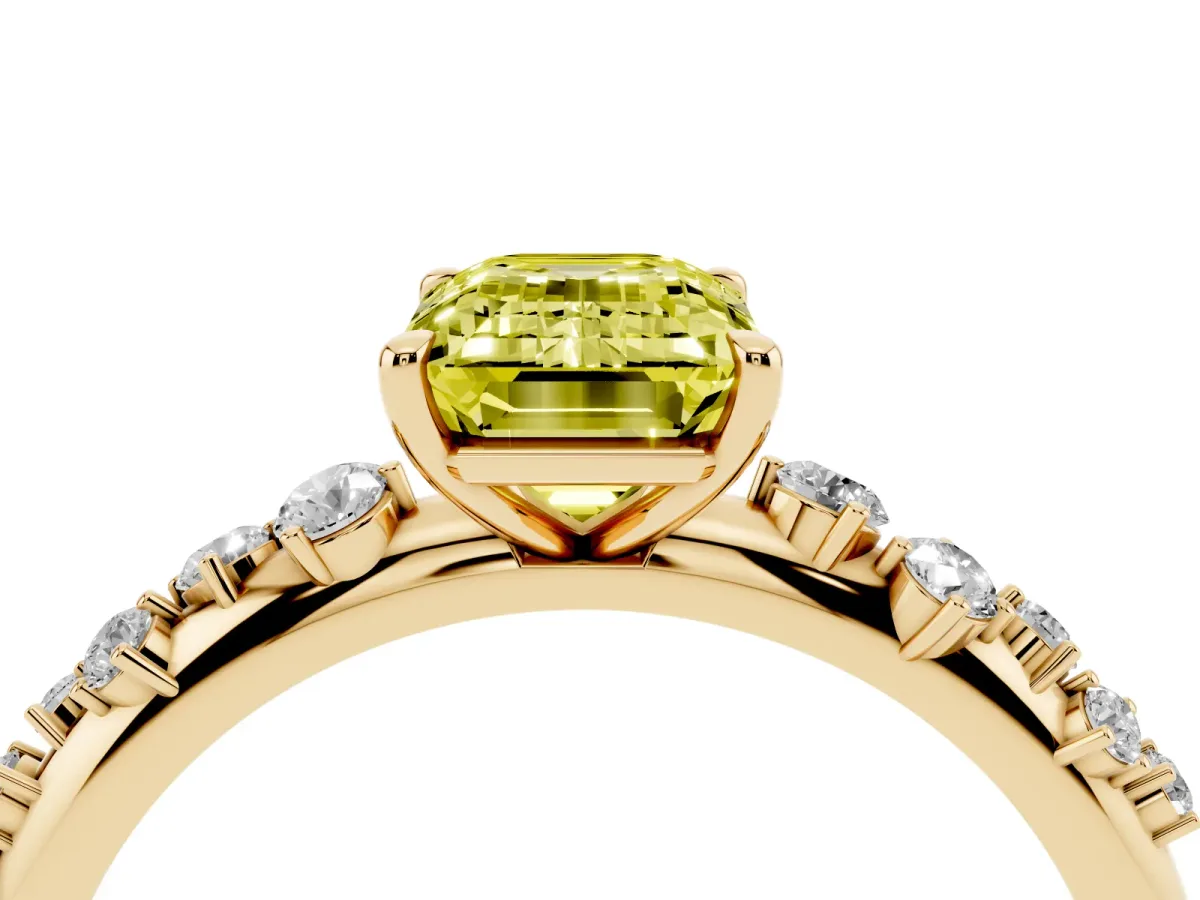 Fancy Yellow Emerald Cut Diamond Cluster Prong-Set Solitaire Ring Yellow gold