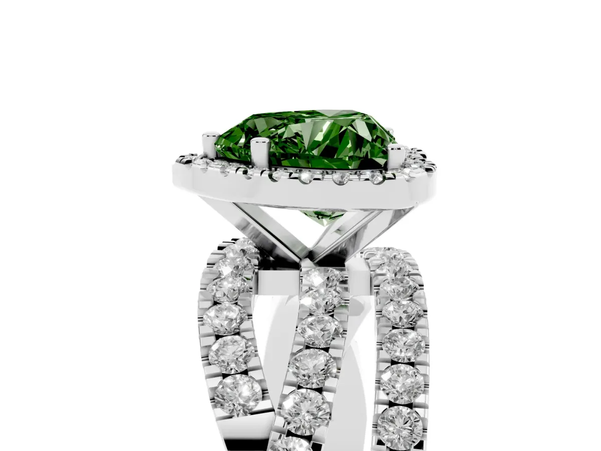 Fancy Green Heart Cut Diamond Halo Ring with Round Split Shank and Prong Setting Silver