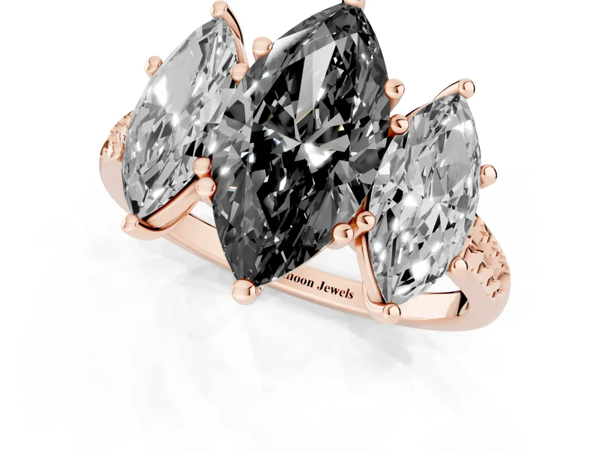 Fancy Black Three-Stone Marquise Cut Diamond Ring with Round Pavé Band and Prong Setting Rose gold