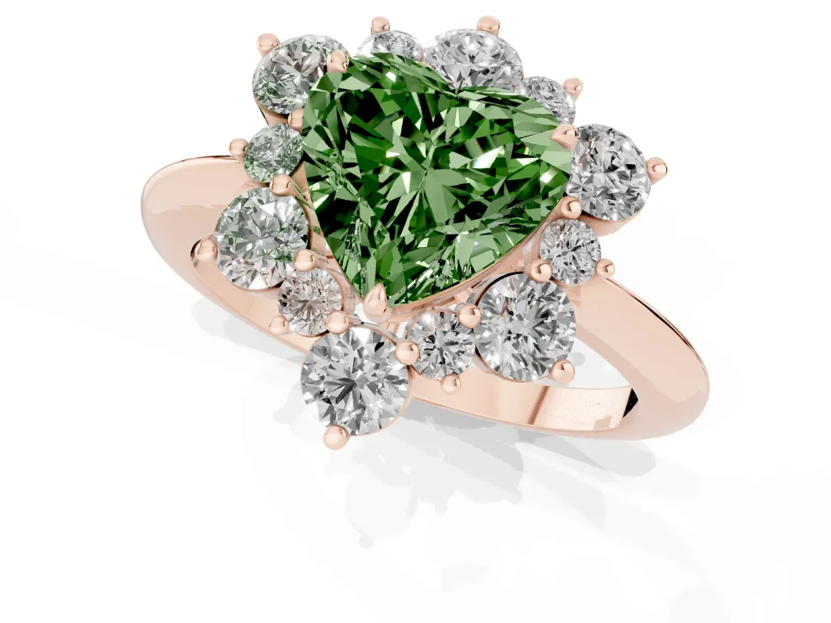 Fancy Green Heart Cut Diamond Cluster Halo Ring with Solitaire Band and Four-Prong Setting Rose gold