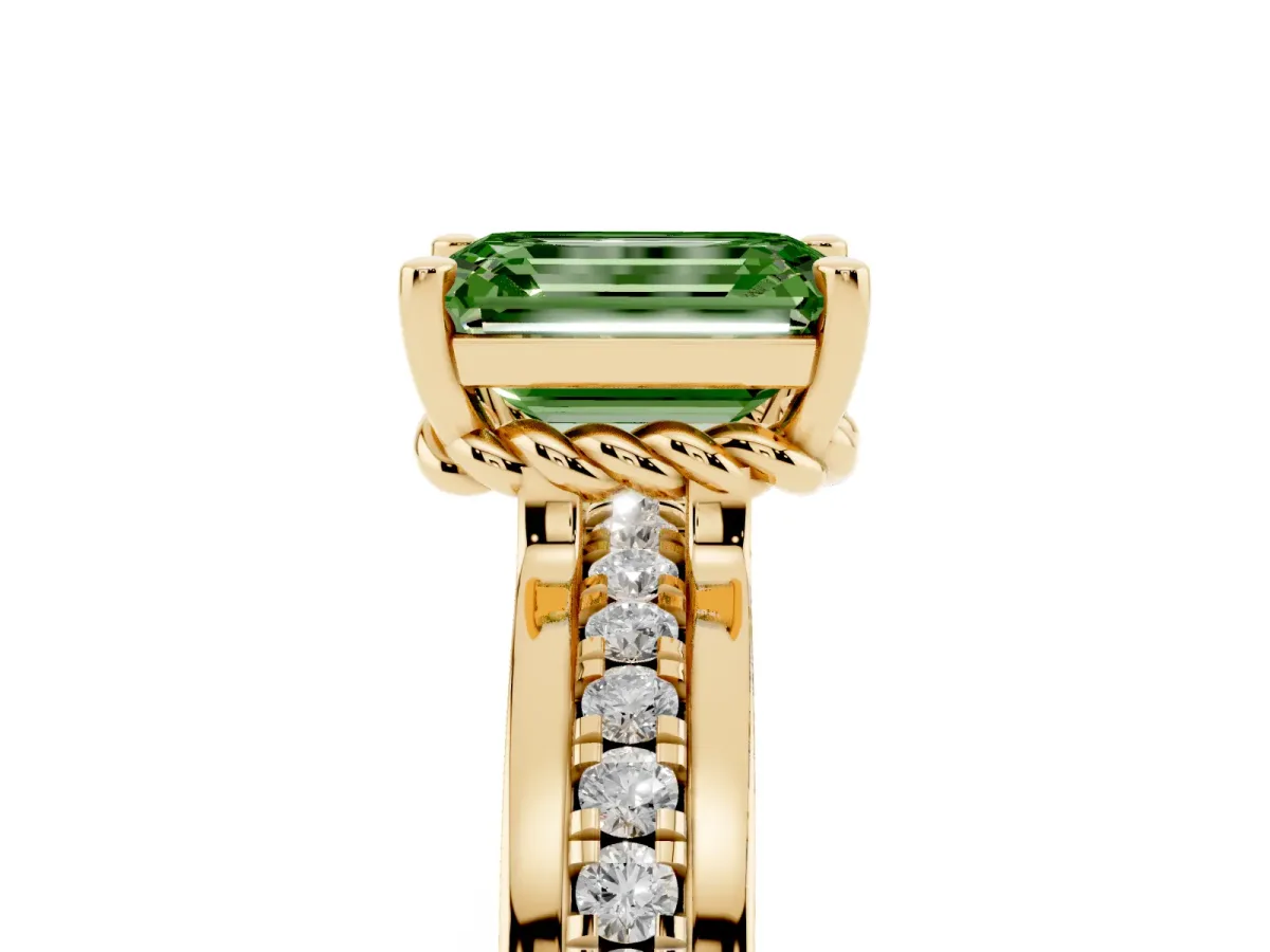Fancy Green Emerald Cut Solitaire Diamond Ring with Channel Set Band and Six-Prong Setting Yellow gold