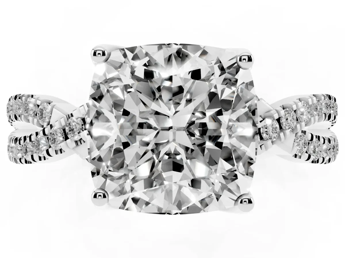 Cushion Cut Solitaire Twist Pave Diamond Engagement Ring with Prong Setting Silver