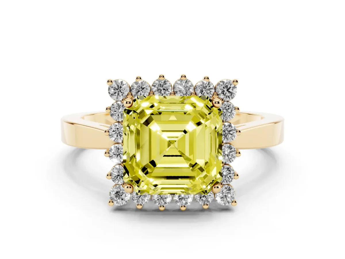 Fancy Yellow Asscher Cut Cut Diamond Halo Ring with Round Brilliant Halo and Solitaire Band Yellow gold