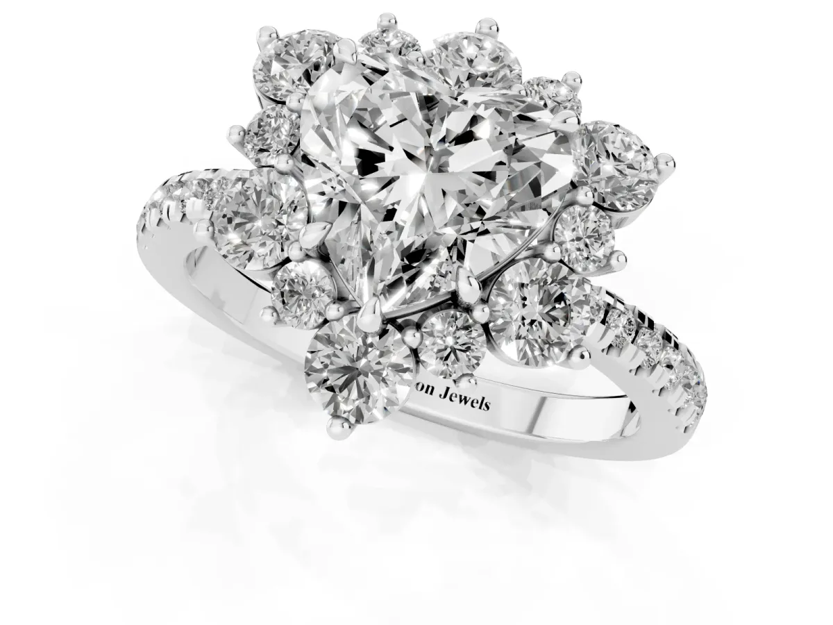 Heart Cut Diamond Floral Halo Ring with Round Pavé Band and Prong Setting Silver
