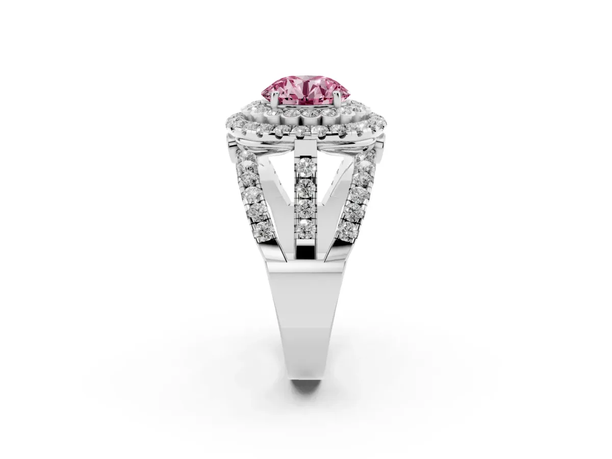 Fancy Pink Round Cut Diamond Double Halo Ring with Round Pavé Split Shank and Prong Setting Silver