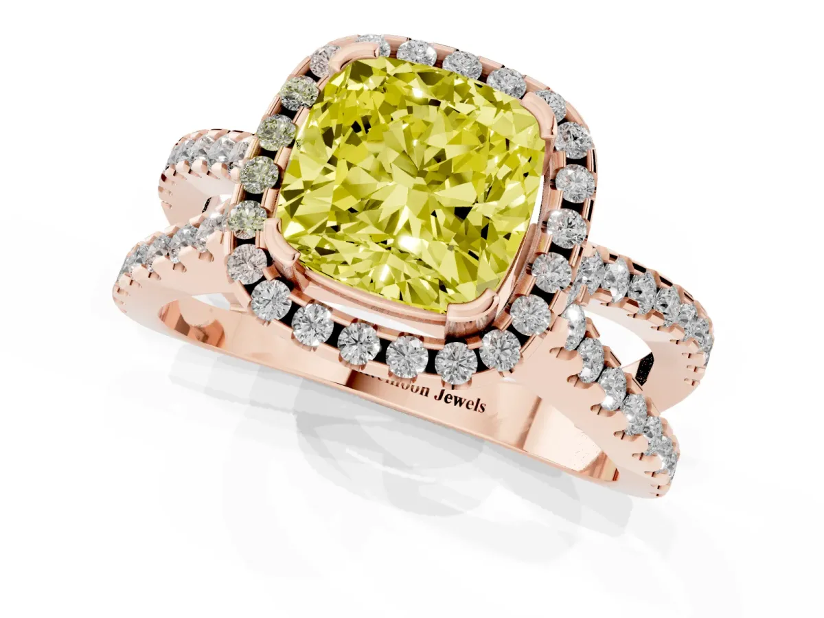 Fancy Yellow Cushion Cut Diamond Halo Ring with Split Shank Pavé Band and Prong Setting Rose gold