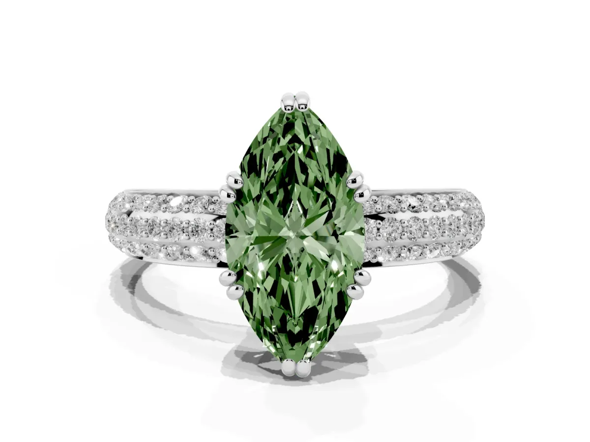 Fancy Green Marquise Cut Diamond Solitaire Ring with Multi-Row Round Pavé Band and Prong Setting Platinum
