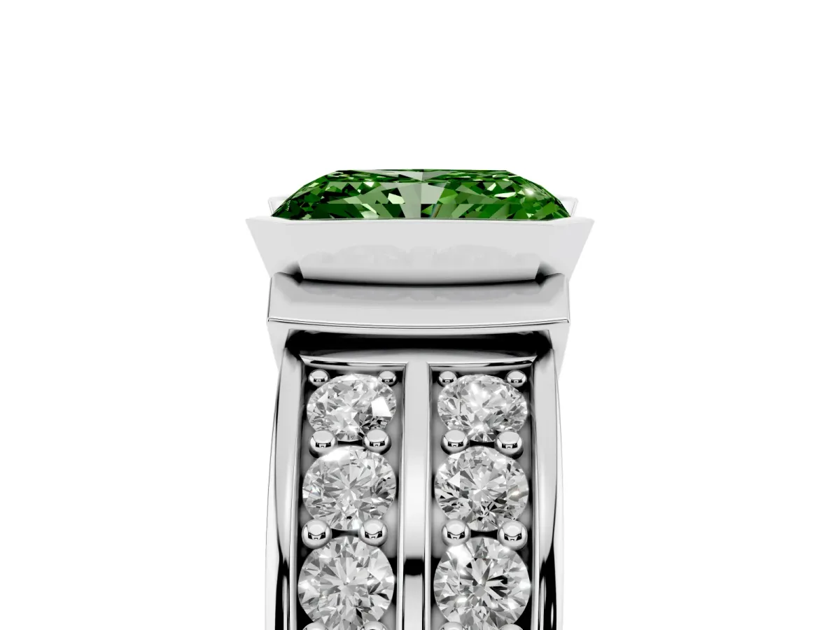 Fancy Green Radiant Cut Brilliant Diamond Channel Set Wide Band Ring with Bezel Setting Silver