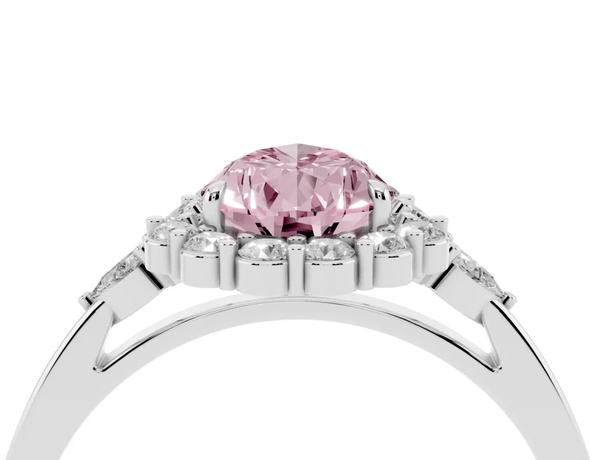 Fancy Pink Pear Cut Diamond Halo Ring with Pear Side Stones and Prong Setting Silver