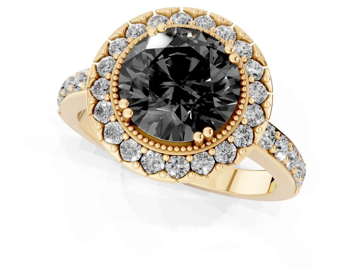 Fancy Black Round Cut Diamond Halo Ring with Pavé Band and Prong Setting Yellow gold