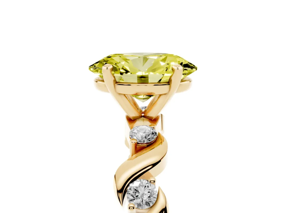 Fancy Yellow Oval Cut Diamond Solitaire Twisted Band with Round Accents and Prong Setting Yellow gold