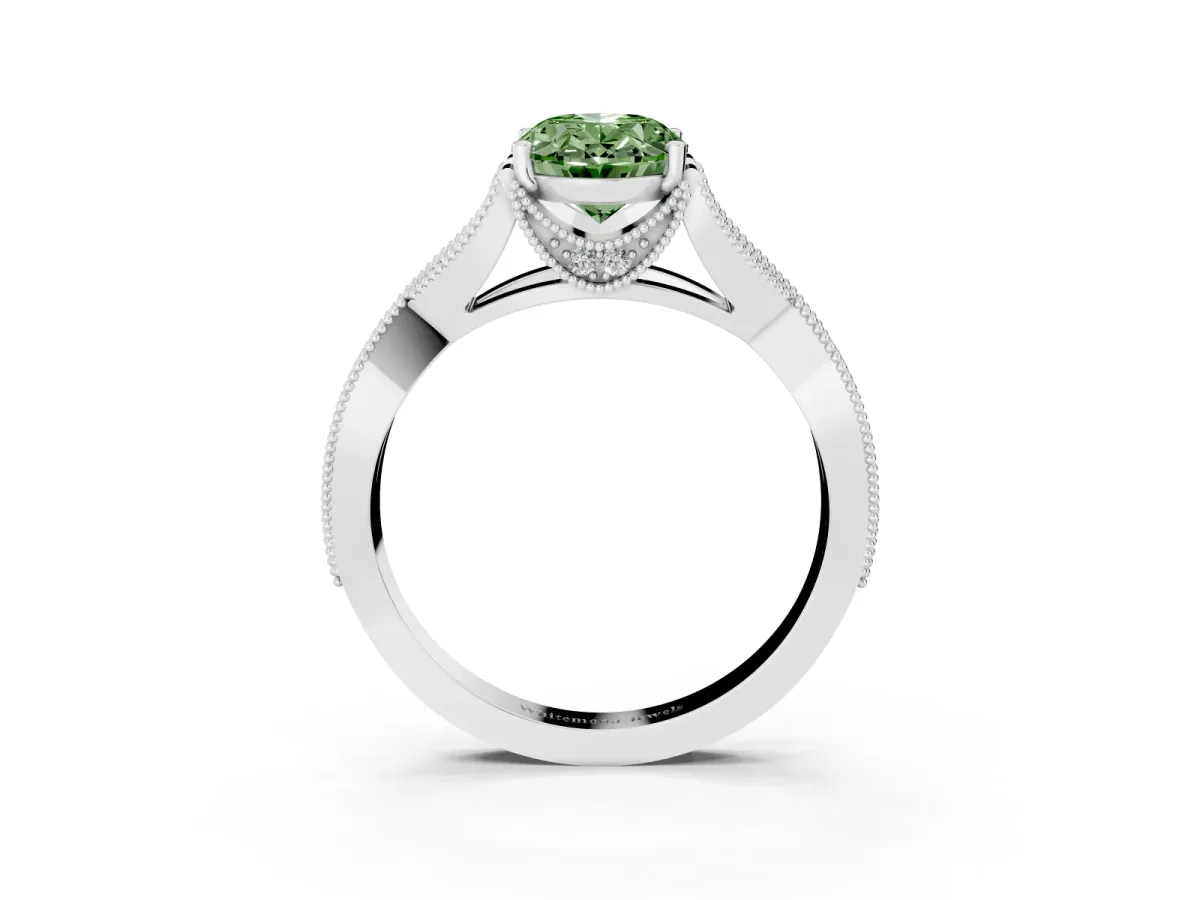 Fancy Green Oval Cut Cut Diamond Twisted Band with Milgrain Pave Setting and Four-Prong Setting Silver