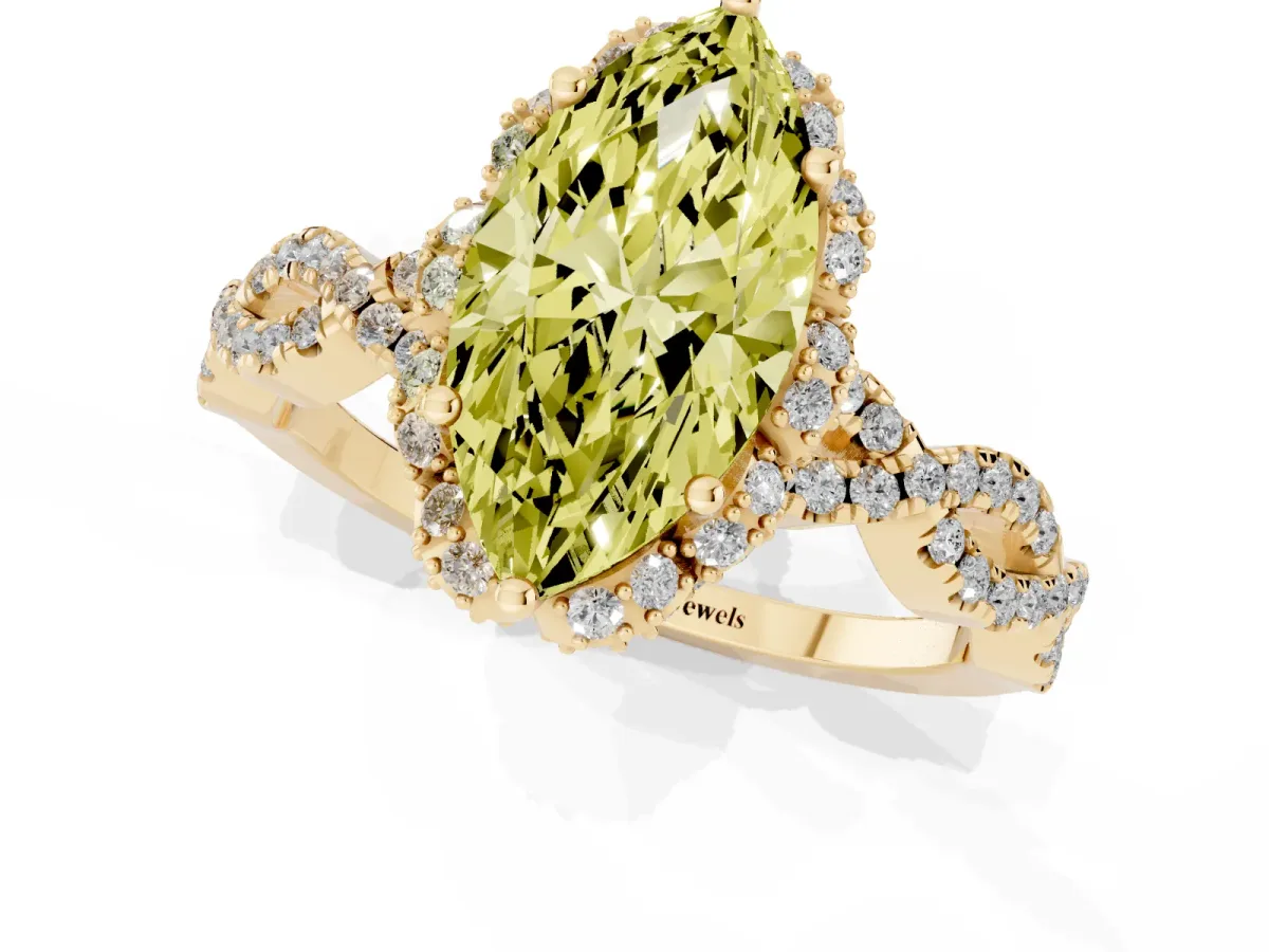 Fancy Yellow Marquise Cut Halo Twist Band Solitaire Ring with Six-Prong Setting Yellow gold