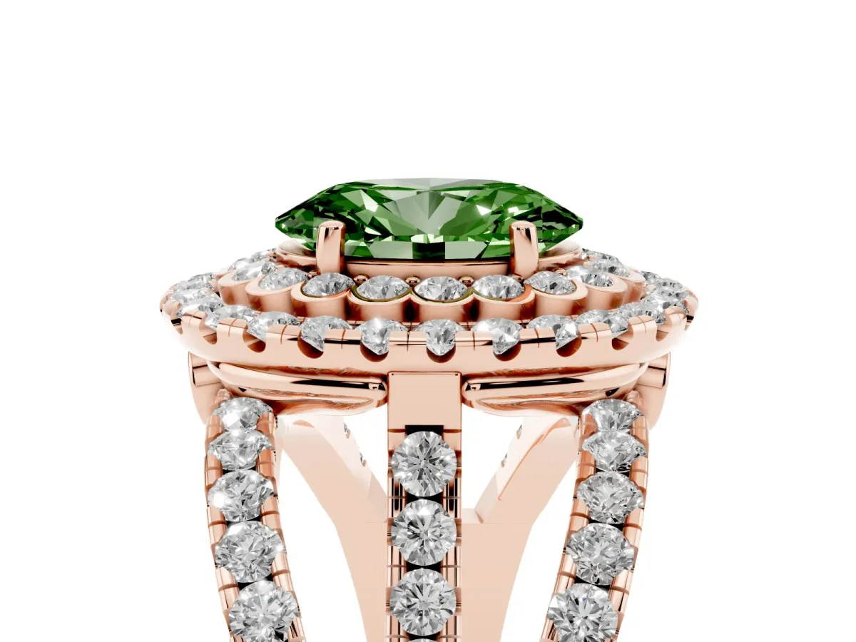 Fancy Green Oval Cut Diamond Double Halo Ring with Round Pavé Split Shank and Prong Setting Rose gold