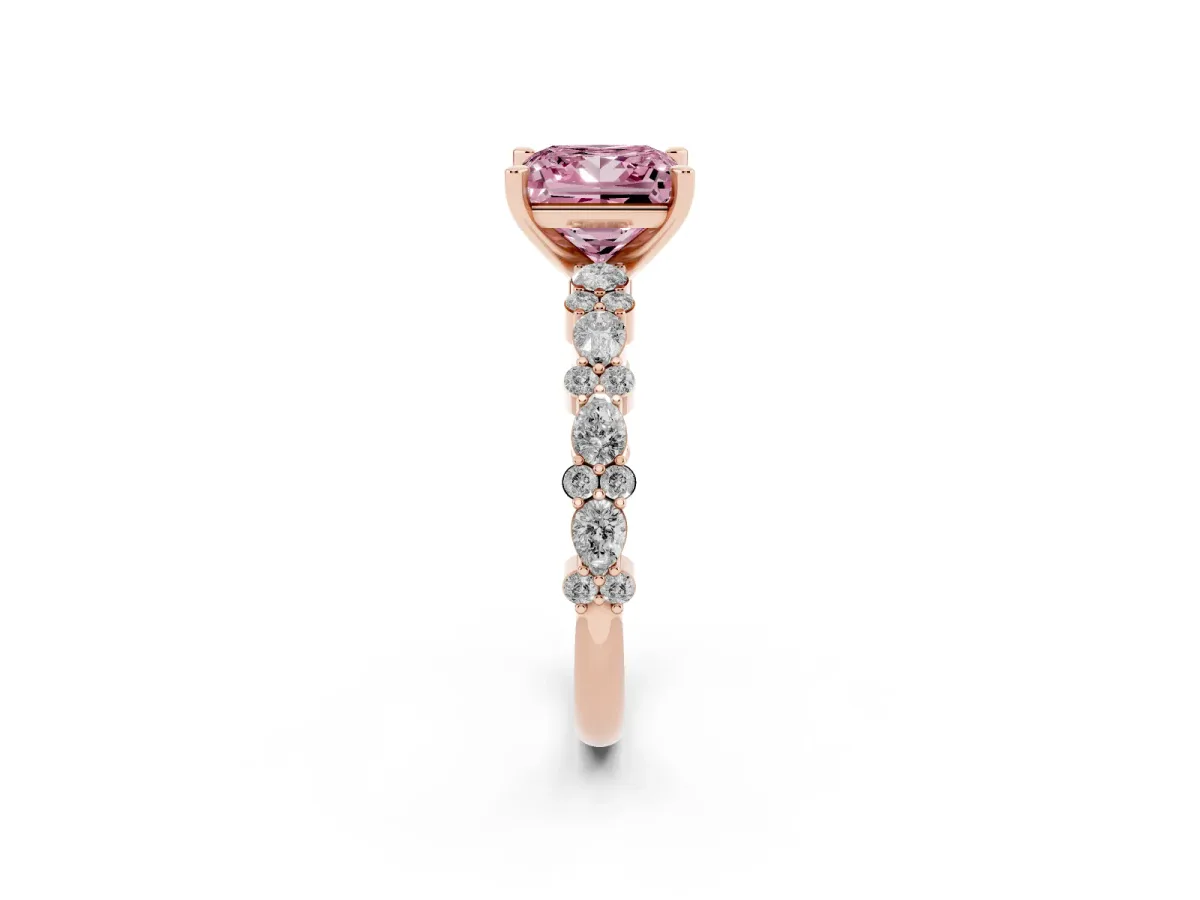 Fancy Pink Princess Cut Diamond Side Stone Solitaire Ring with Round and Four-Prong Setting Rose gold