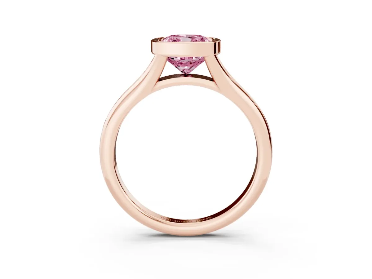 Fancy Pink Bezel Set Cushion Cut Solitaire Diamond Ring with Smooth Band Rose gold