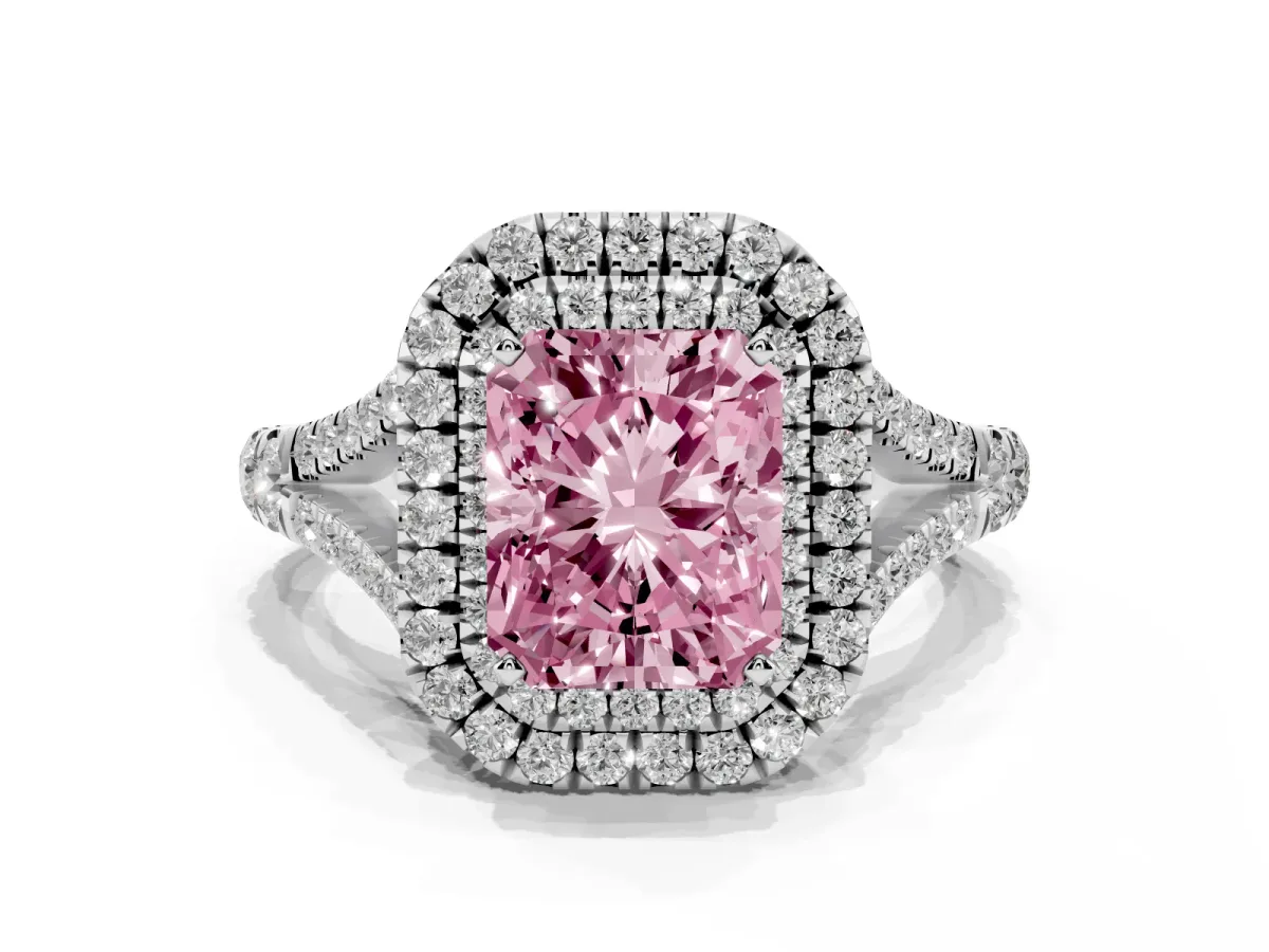 Fancy Pink Radiant Cut Diamond Double Halo Ring with Split Shank and Prong Setting Platinum