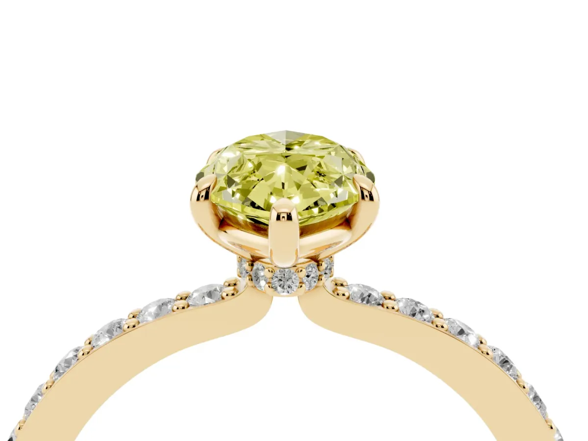 Fancy Yellow Marquise Cut Diamond Pavé Engagement Ring with Round Accents and Prong Setting Yellow gold