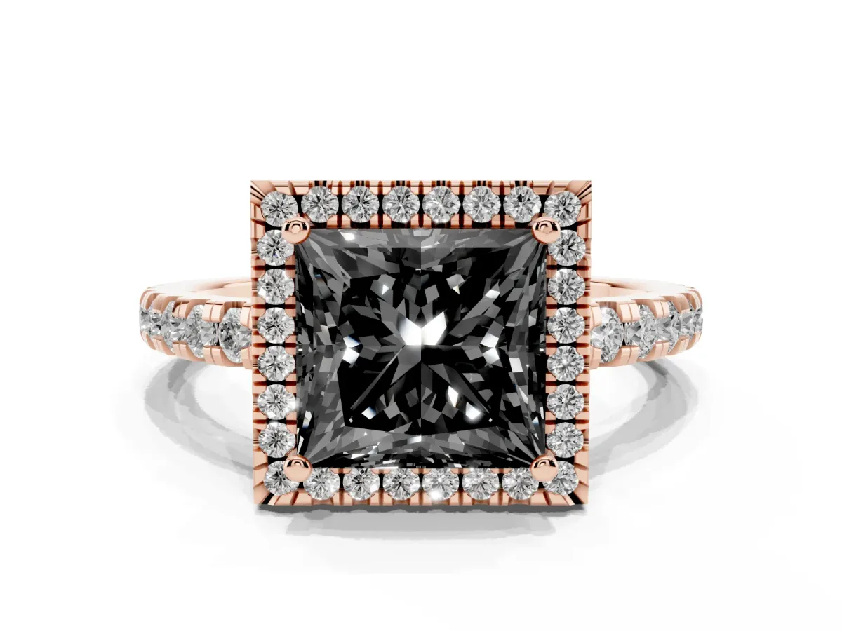 Fancy Black Princess Cut Diamond Halo Ring with Pavé Band and Four-Prong Setting Rose gold