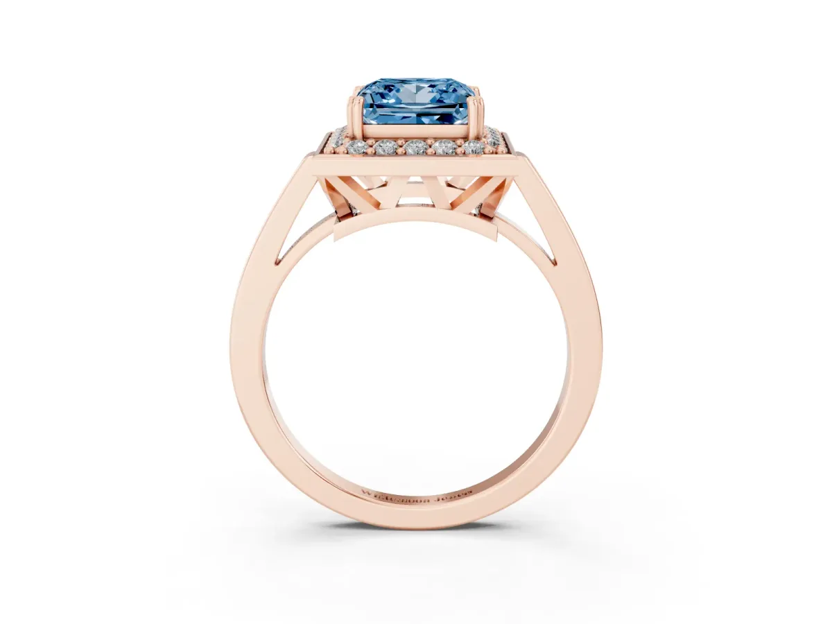 Fancy Blue Princess Cut Diamond Halo Ring with Split Shank and Four-Prong Setting Rose gold