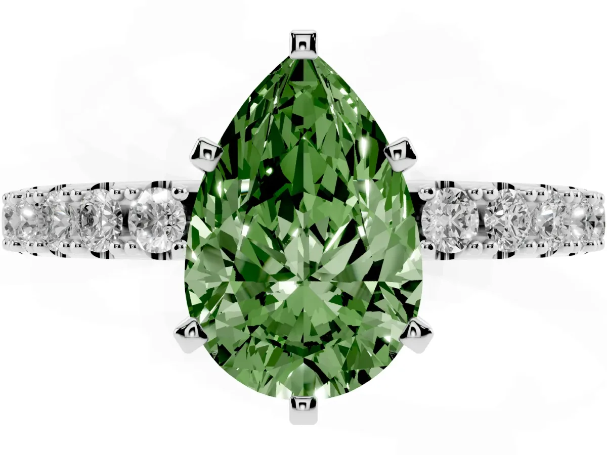 Fancy Green Pear Cut Diamond Solitaire Pavé Band with Four-Prong Setting Silver