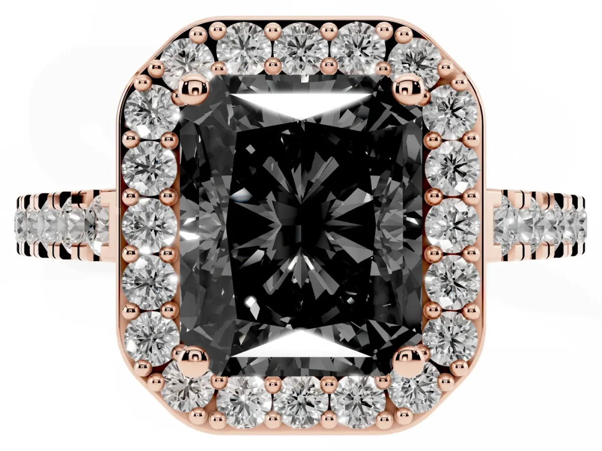 Fancy Black Radiant Cut Diamond Halo Ring with Round Pavé Split Shank and Prong Setting Rose gold