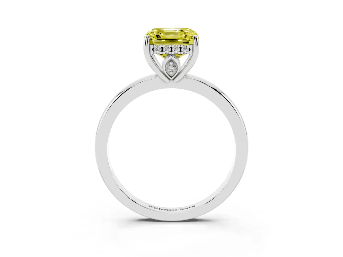Fancy Yellow Asscher Cut Solitaire Diamond Ring with Prong Setting and Plain Band Platinum
