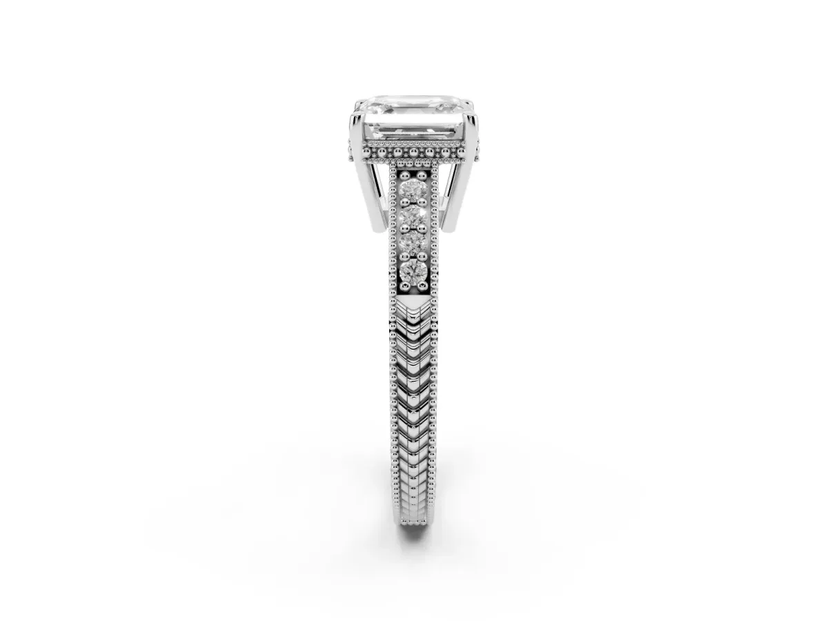 Asscher Cut Solitaire Pavé Diamond Milgrain Engagement Ring with Four-Prong Setting Silver