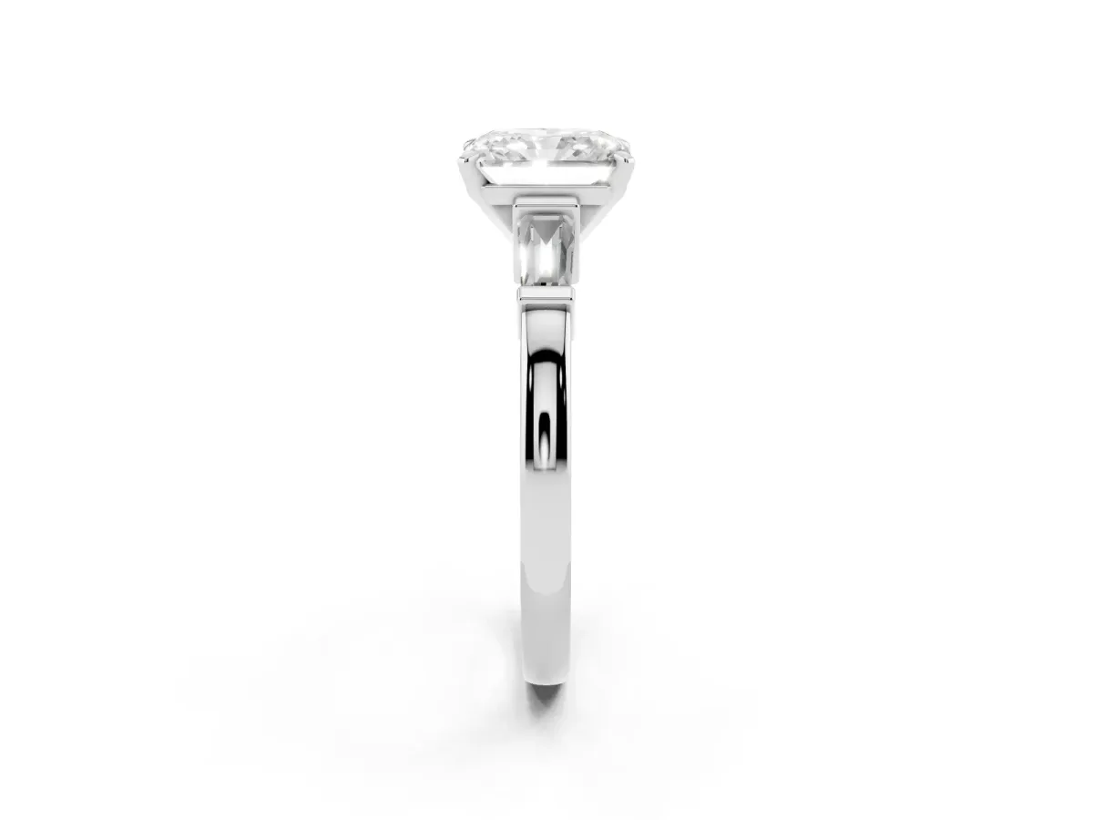 Radiant Cut Cut Diamond Solitaire Ring with Tapered Baguette Accents and Four-Prong Setting Silver