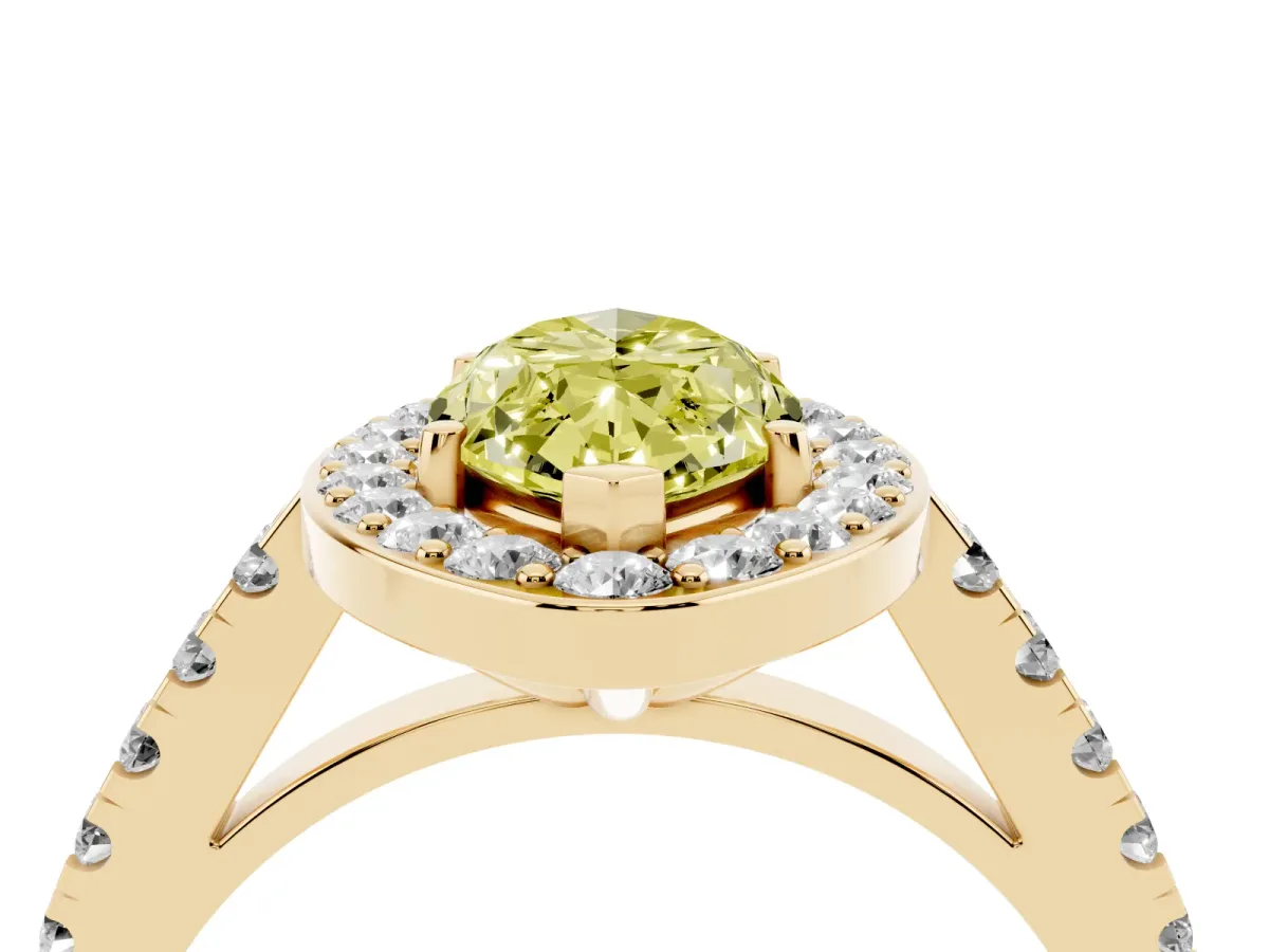 Fancy Yellow Marquise Cut Diamond Halo Ring with Round Pavé Split Shank and Prong Setting Yellow gold