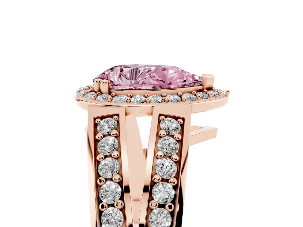 Fancy Pink Pear Cut Diamond Halo Ring with Split Shank Pavé Band and Four-Prong Setting Rose gold