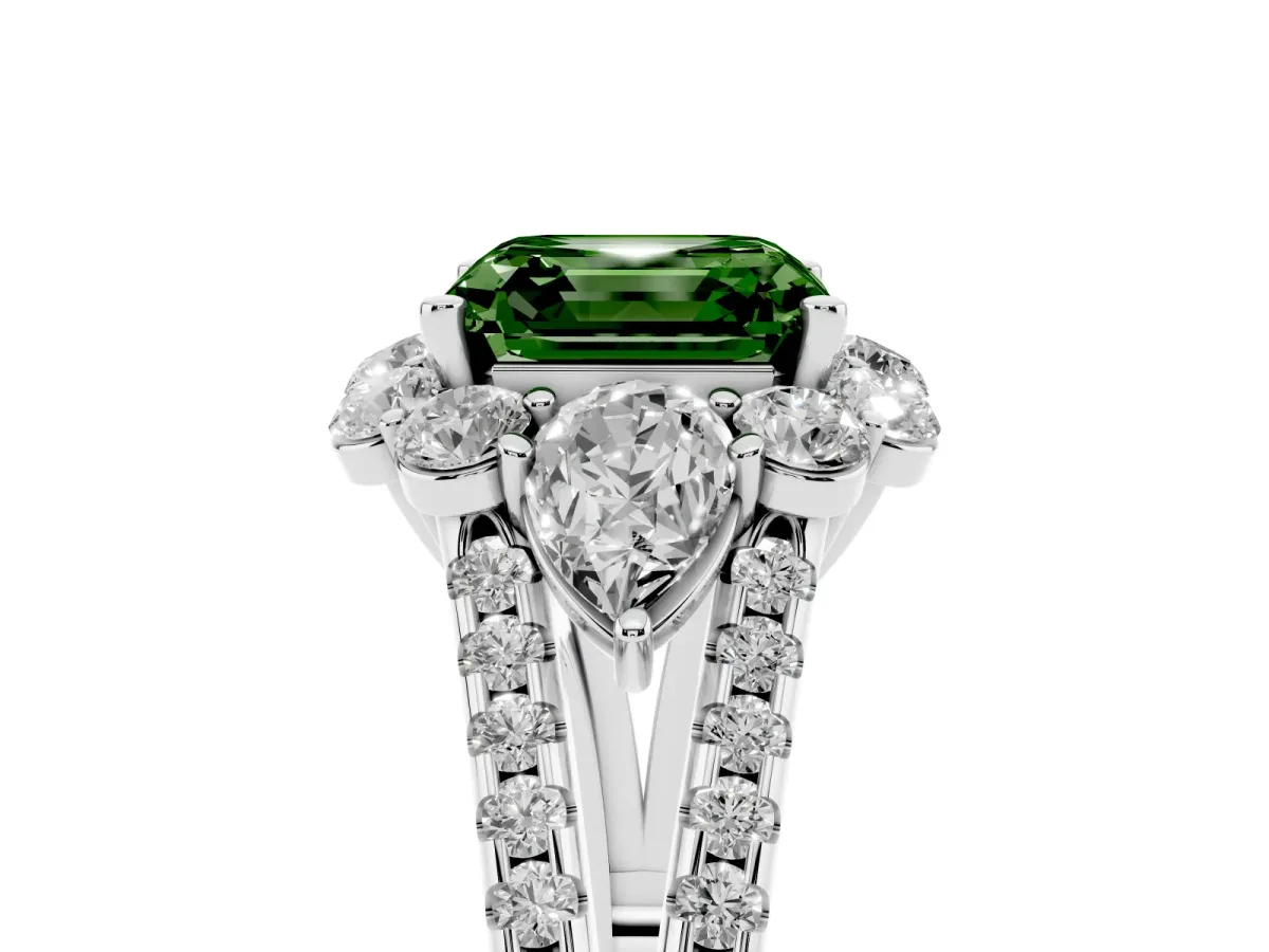 Fancy Green Asscher Cut Halo Split Shank Diamond Engagement Ring with Prong Setting Silver