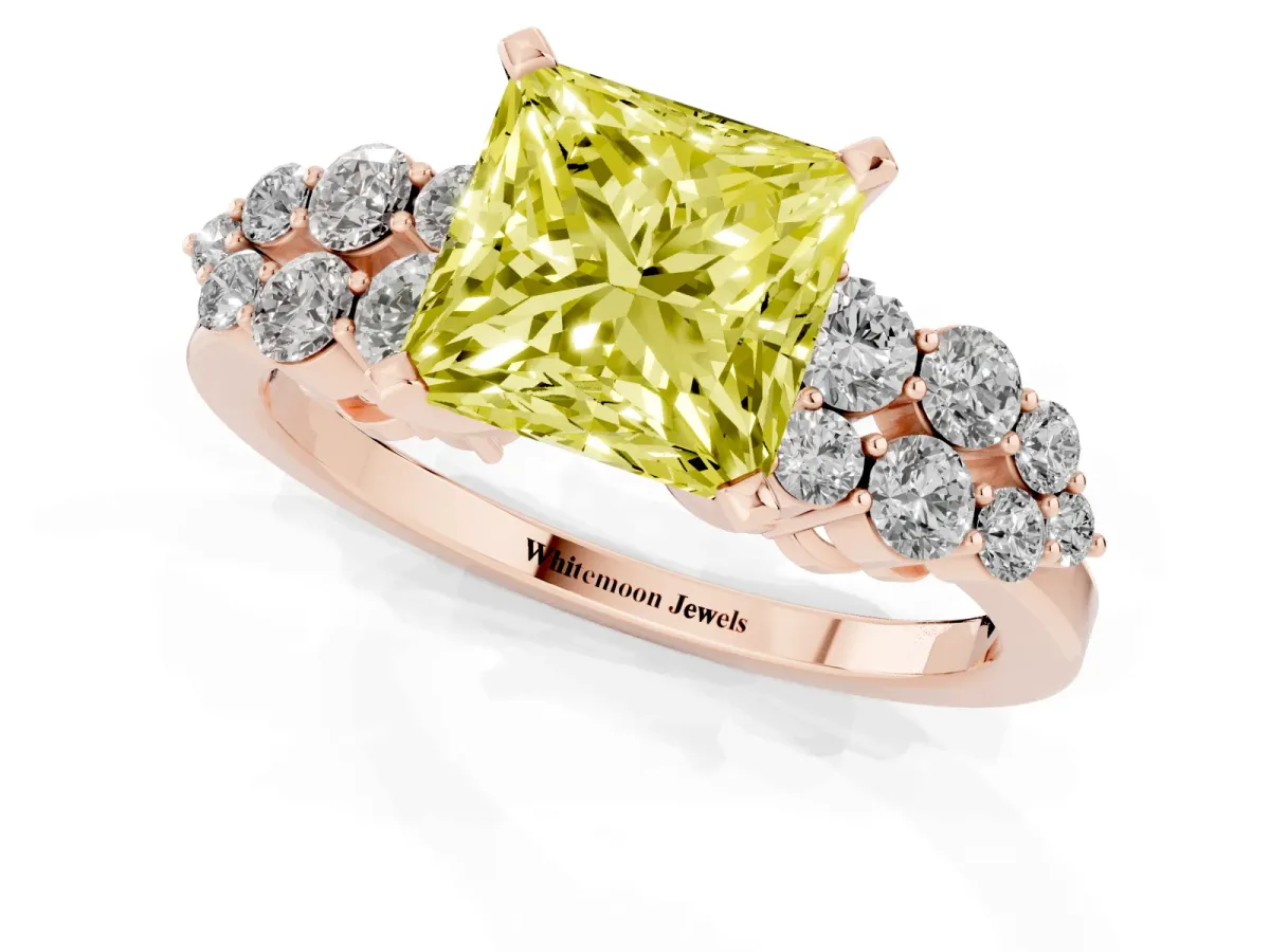 Fancy Yellow Princess Cut Cluster Diamond Engagement Ring with Pavé Band and Four-Prong Setting Rose gold