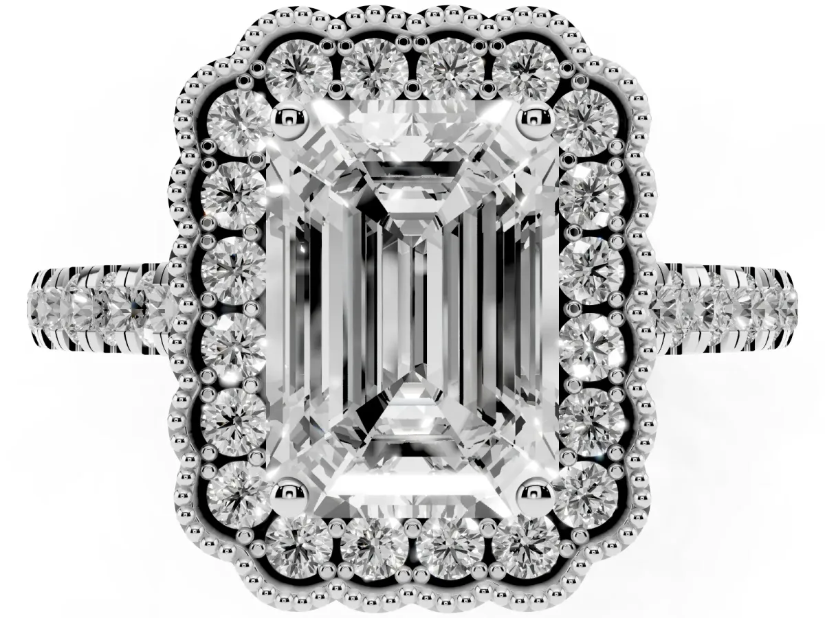 Emerald Cut Cut Diamond Milgrain Floral Halo Engagement Ring with Pavé Band Silver