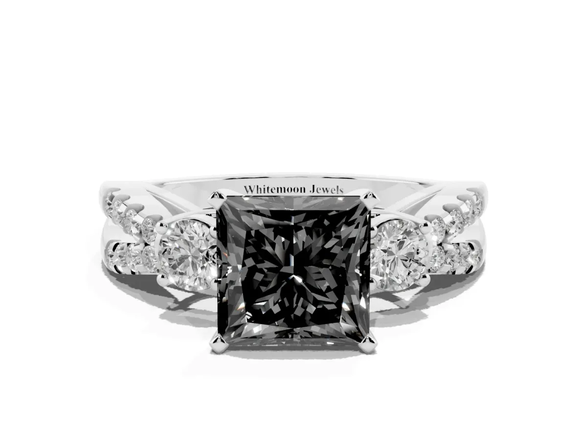 Fancy Black Princess Cut Diamond Three-Stone Ring with Pavé Split Shank and Four-Prong Setting Silver